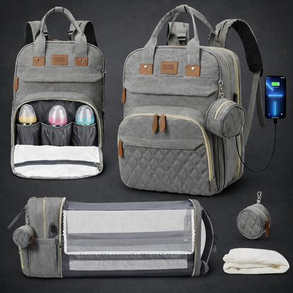 3-in-1 Diaper Bag Backpack with Foldable Baby Bed & USB Charging Port