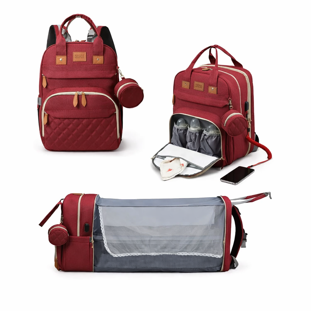 3-in-1 Diaper Bag Backpack with Foldable Baby Bed & USB Charging Port