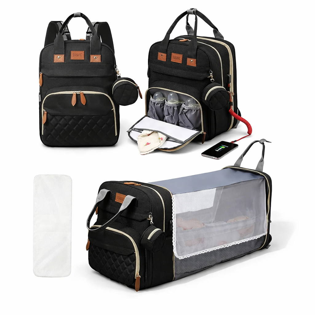 3-in-1 Diaper Bag Backpack with Foldable Baby Bed & USB Charging Port