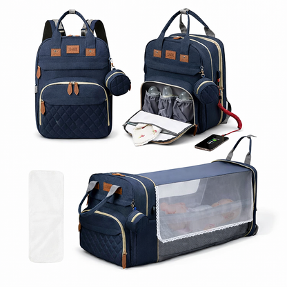 3-in-1 Diaper Bag Backpack with Foldable Baby Bed & USB Charging Port