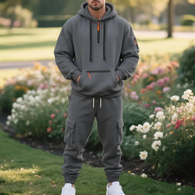 Men’s Fleece Tracksuit Set – Zipper Hoodie + Multi-Pocket Joggers