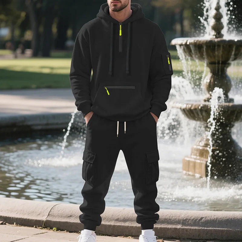 Men’s Fleece Tracksuit Set – Zipper Hoodie + Multi-Pocket Joggers