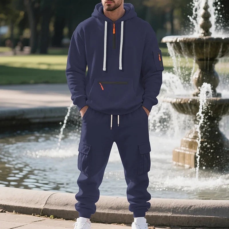 Men’s Fleece Tracksuit Set – Zipper Hoodie + Multi-Pocket Joggers