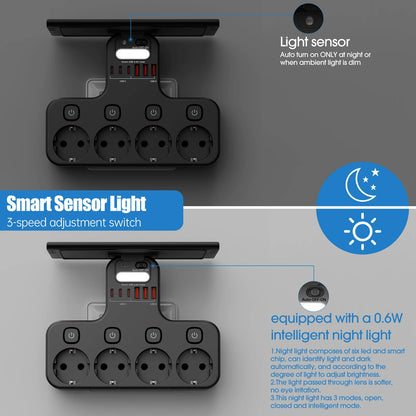 4000W EU Power Strip with USB-C & Night Light